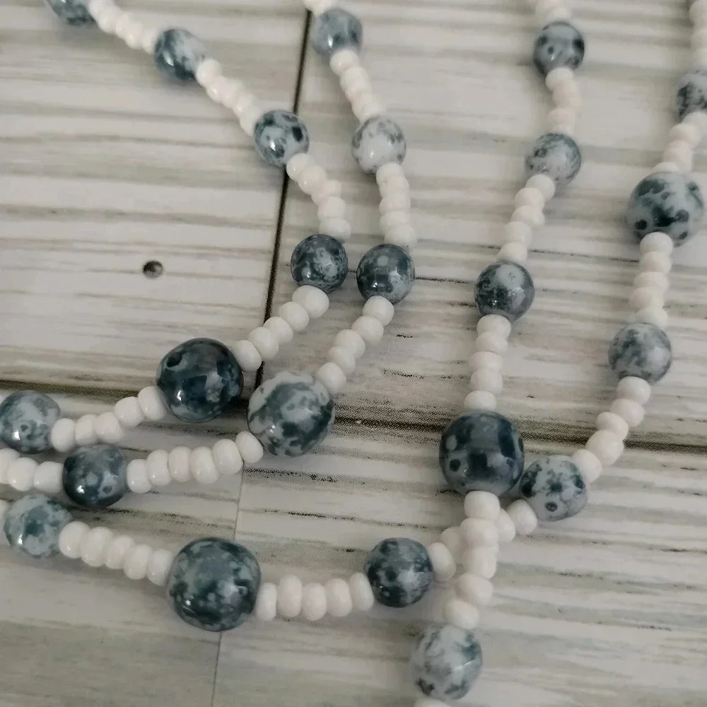Blue Gray White Glass Beaded long Necklace 23